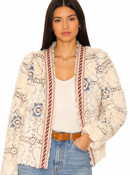 Pink Martini Jackets & Blazers - Textured Cream Boho Open Front Jacket with Pink Trim